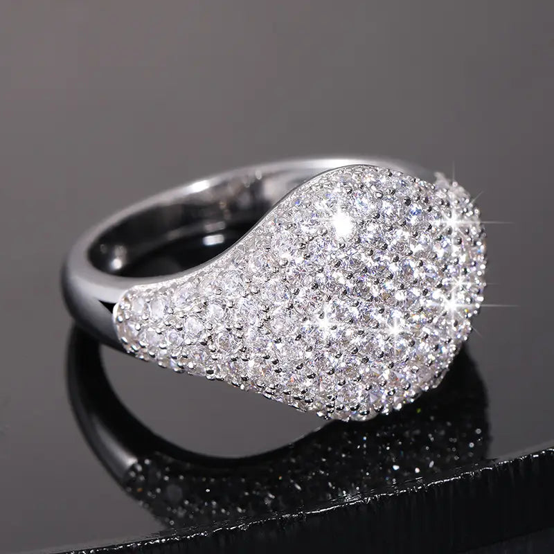 Iced moissanite silver signet ring