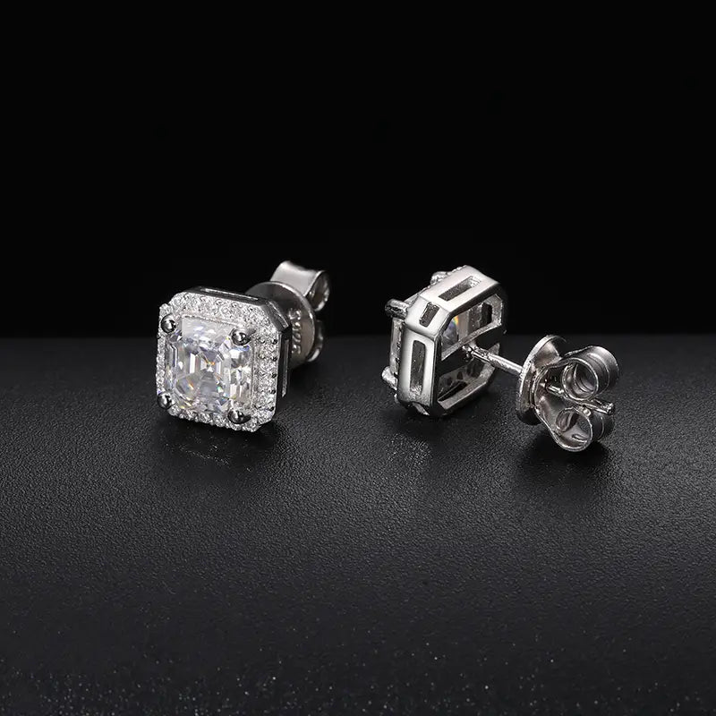 Moissanite silver asscher pave earrings
